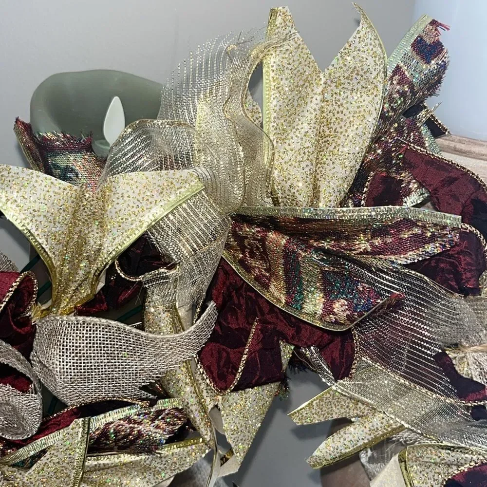 Handmade Dark Red Tan Gold Holiday Christmas Ribbon Twine Wreath Made on 12”